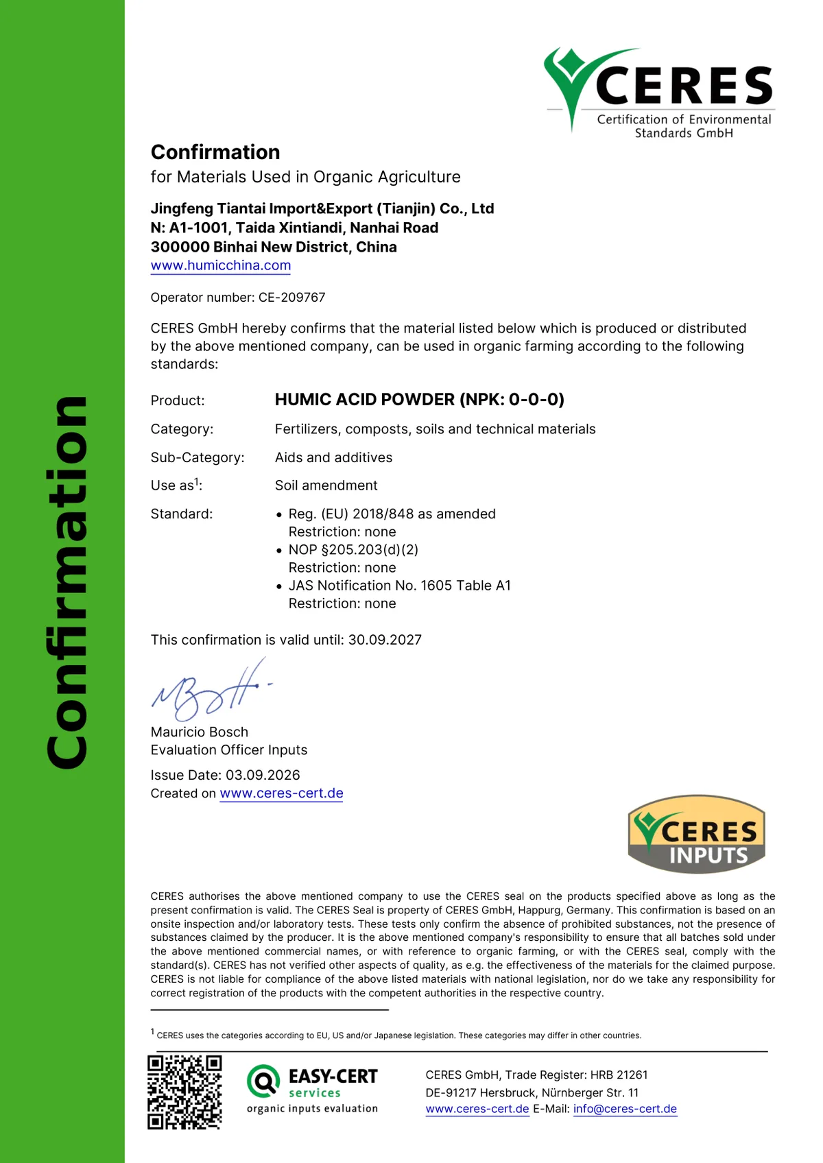 CERES organic input confirmation for humic acid - JINGFENG (valid until 30.09.2027)