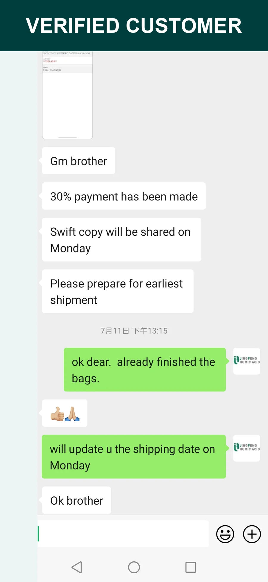 Repeat order confirmation - JINGFENG shipping and payment