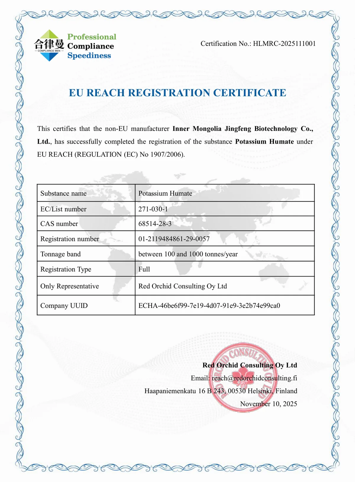 EU REACH registration certificate for potassium humate - JINGFENG, EC 271-030-1
