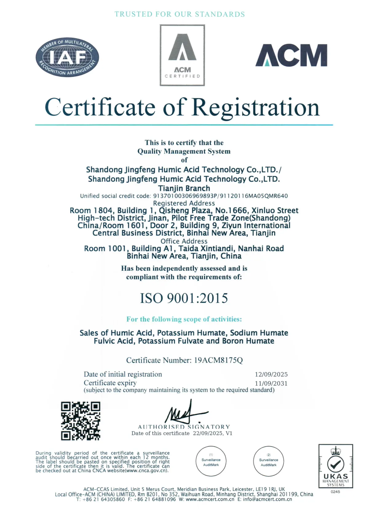 ISO 9001:2015 certificate of Shandong Jingfeng Humic Acid Technology Co., Ltd., certificate no. 19ACM8175Q